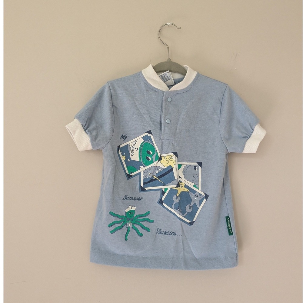 Vintage OshKosh Bgosh 3T Blue Summer Vacation Octopus Graphic Ringer Shirt USA